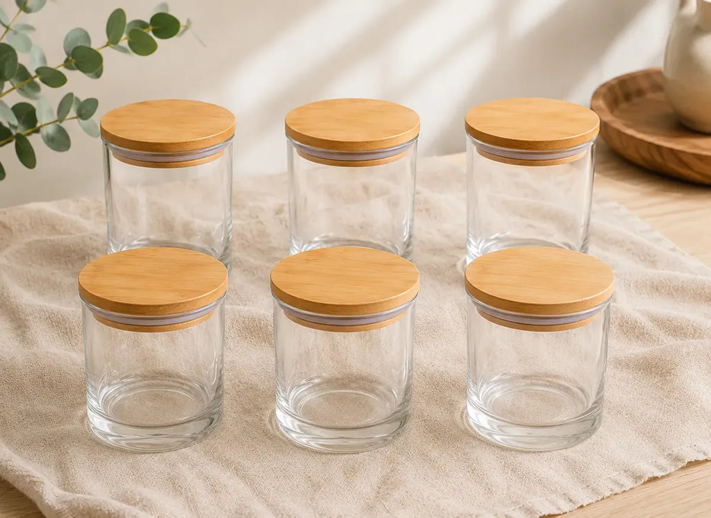 Vaso Portavelas Vidrio 8,4 Cm Tapa Bamboo Set X6 Cup Deco