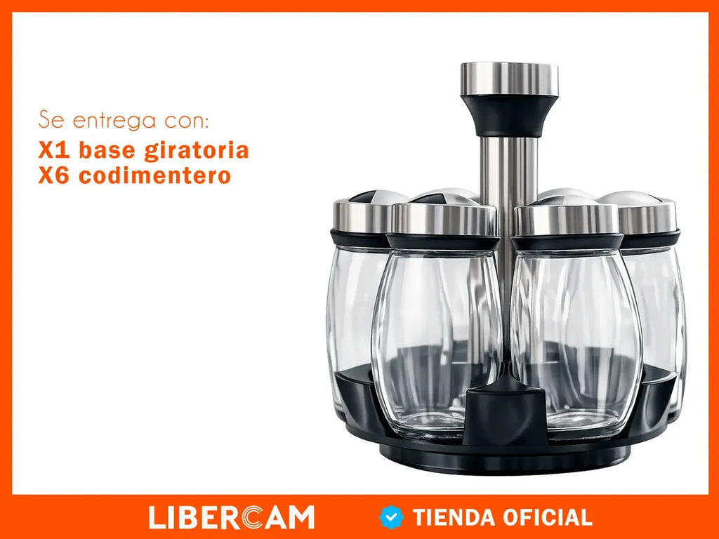 Set Condimentero Especiero Giratorio X6 Frascos Vidrio LIBERCAM COCI-10 Acero Color Negro