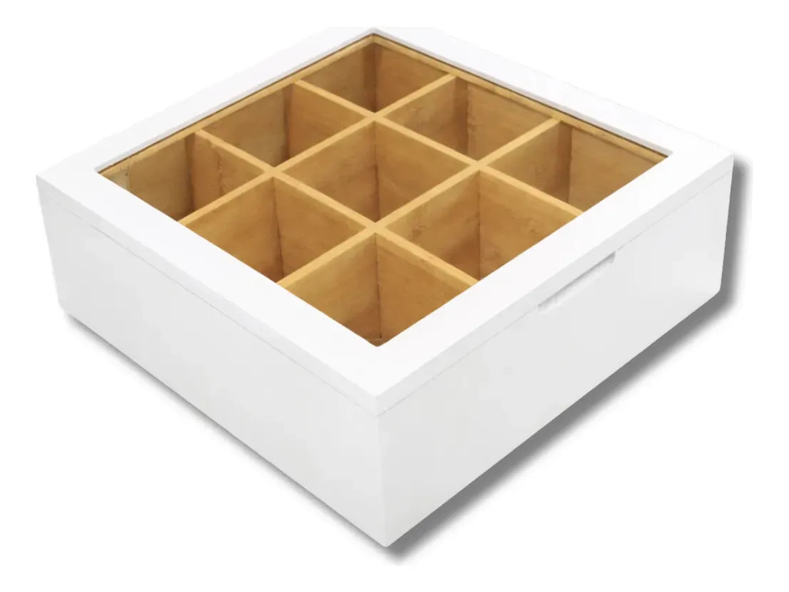 Caja Organizadora para Té de Bambú con 9 Divisiones y Tapa de Acrílico