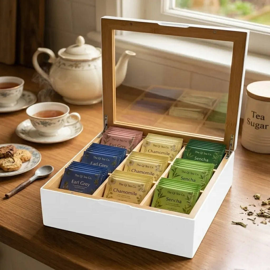 Caja Organizadora para Té de Bambú con 9 Divisiones y Tapa de Acrílico