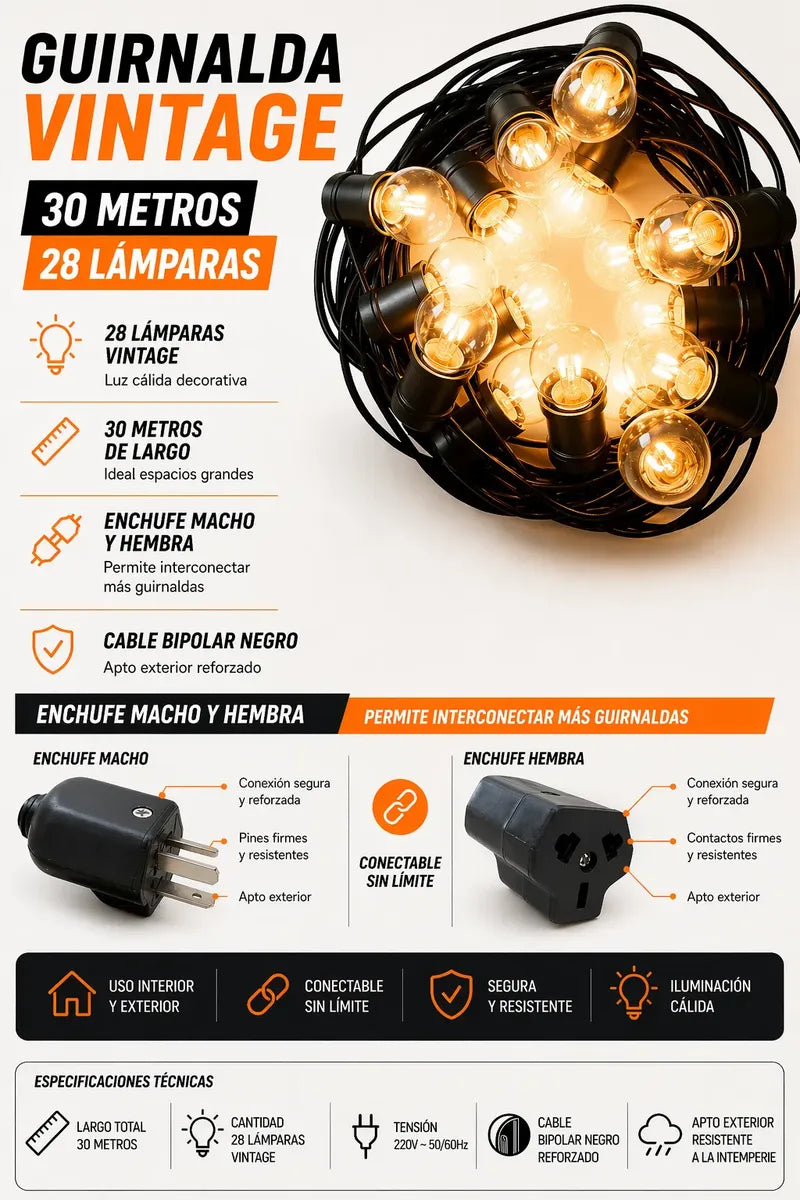 Guirnalda De Luces Focos Vintage Para Exterior 30 Metros