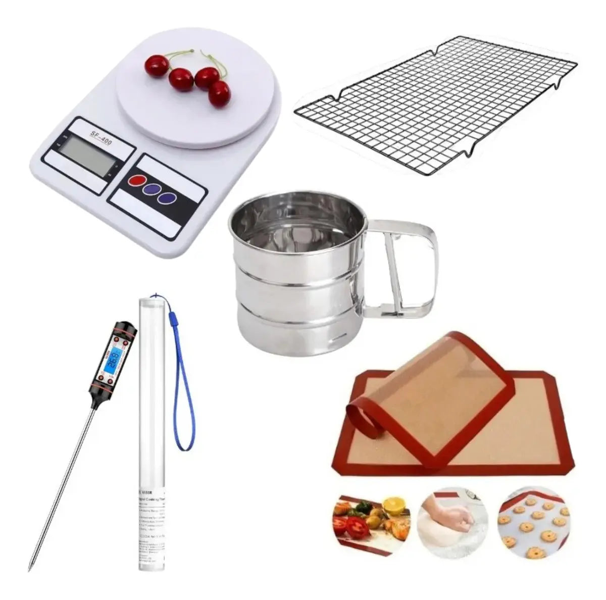 Set Completo de Repostería 5 en 1 – Balanza Digital + Tamiz de Harina + Termómetro de Cocina + Tapete de Silicona Antiadherente Horno y Rejilla de Enfriamiento