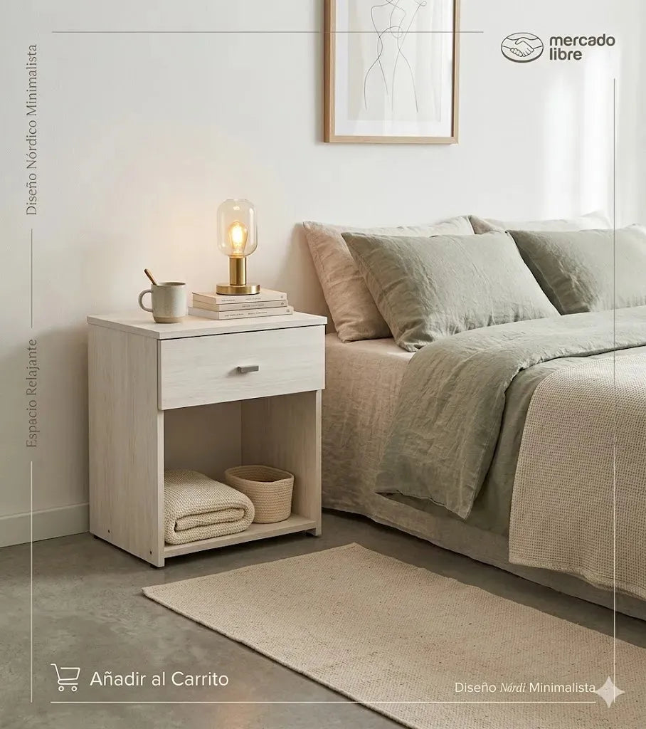 Mesa de Luz con Cajón y Correderas Metálicas 38cm - MDP 15mm Melamina