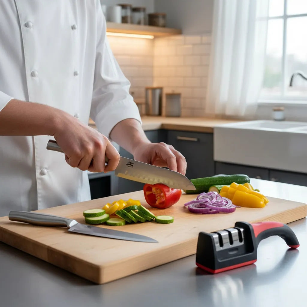 Set Cuchillos Cocina Chef Santoku Acero + Afilador Cuchillas