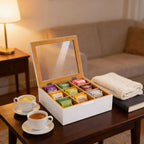 Caja Organizadora para Té de Bambú con 9 Divisiones y Tapa de Acrílico