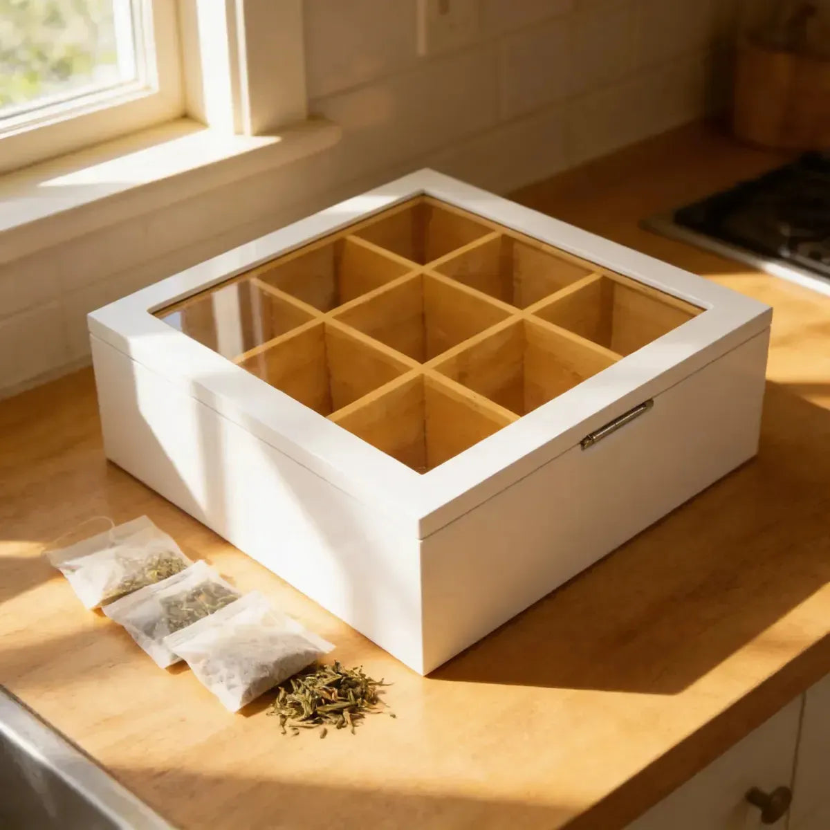 Caja Organizadora para Té de Bambú con 9 Divisiones y Tapa de Acrílico