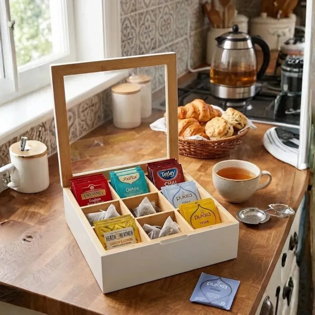 Caja Organizadora para Té de Bambú con 9 Divisiones y Tapa de Acrílico