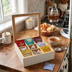 Caja Organizadora para Té de Bambú con 9 Divisiones y Tapa de Acrílico
