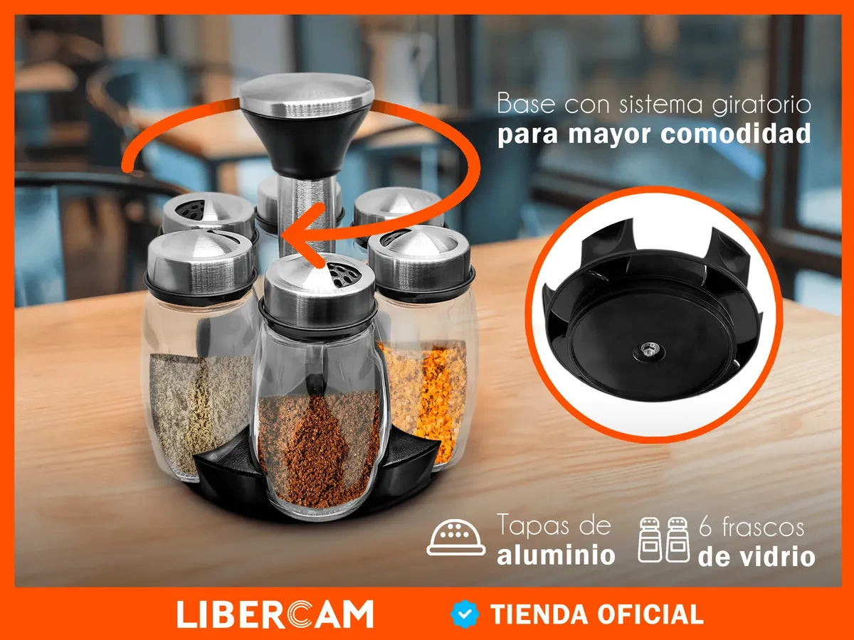 Set Condimentero Especiero Giratorio X6 Frascos Vidrio LIBERCAM COCI-10 Acero Color Negro