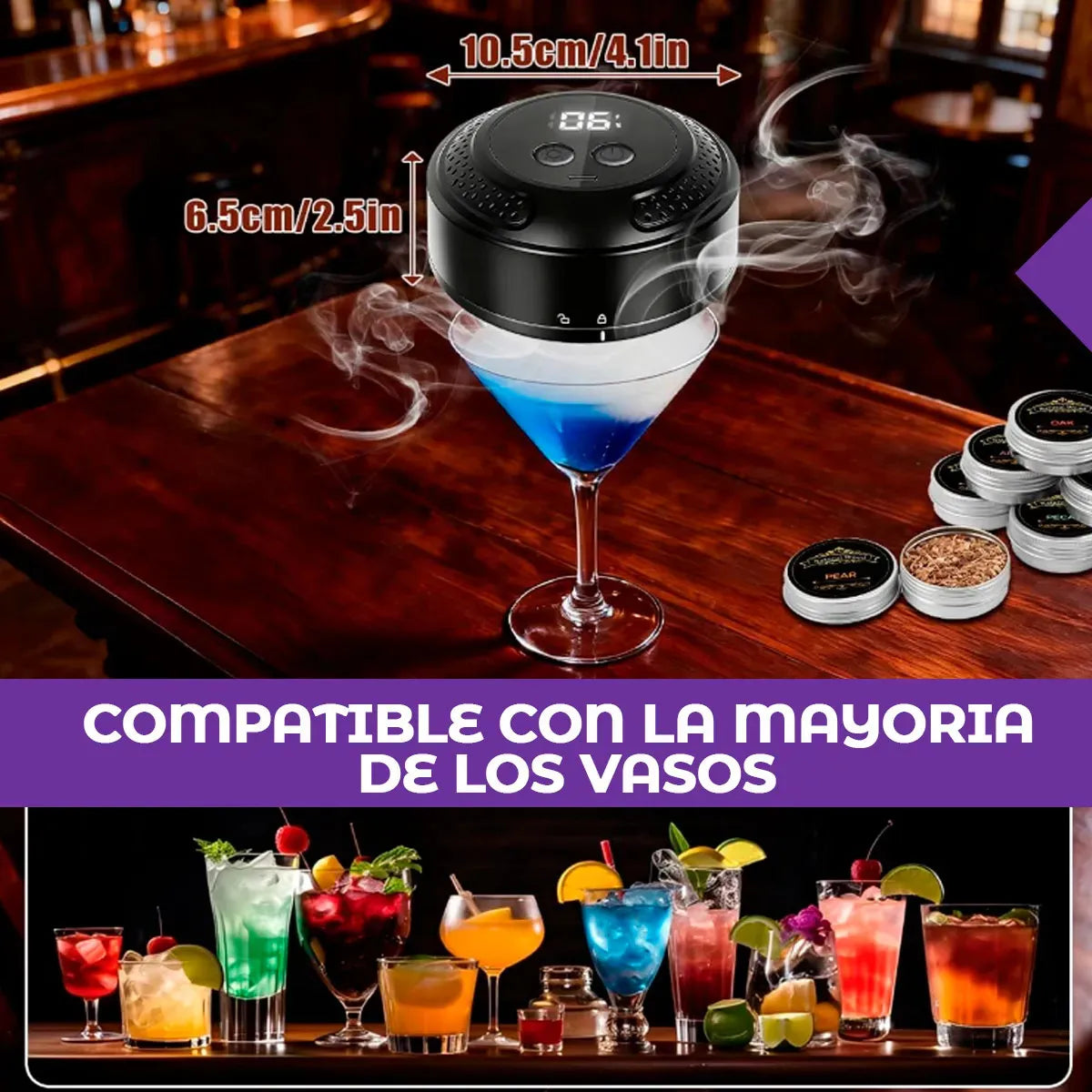 Ahumador Eléctrico Whisky 6 Gustos Madera Recargable Luz Led Negro