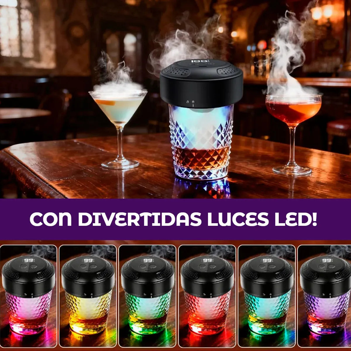 Ahumador Eléctrico Whisky 6 Gustos Madera Recargable Luz Led Negro