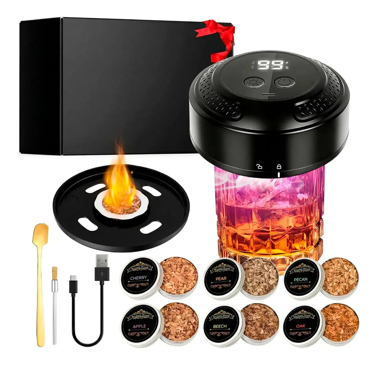 Ahumador Eléctrico Whisky 6 Gustos Madera Recargable Luz Led Negro