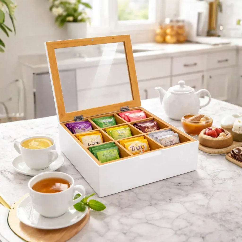 Caja Organizadora para Té de Bambú con 9 Divisiones y Tapa de Acrílico