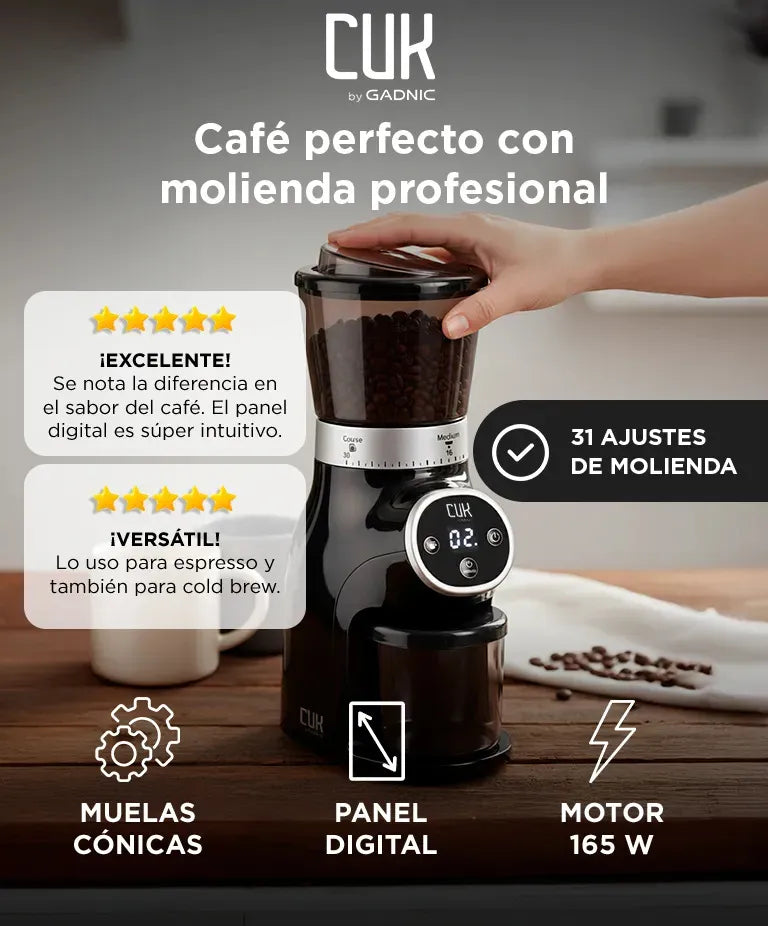 Molinillo De Café Eléctrico Cuk By Gadnic 165 W Ajustable 31 Niveles Molienda Control Digital