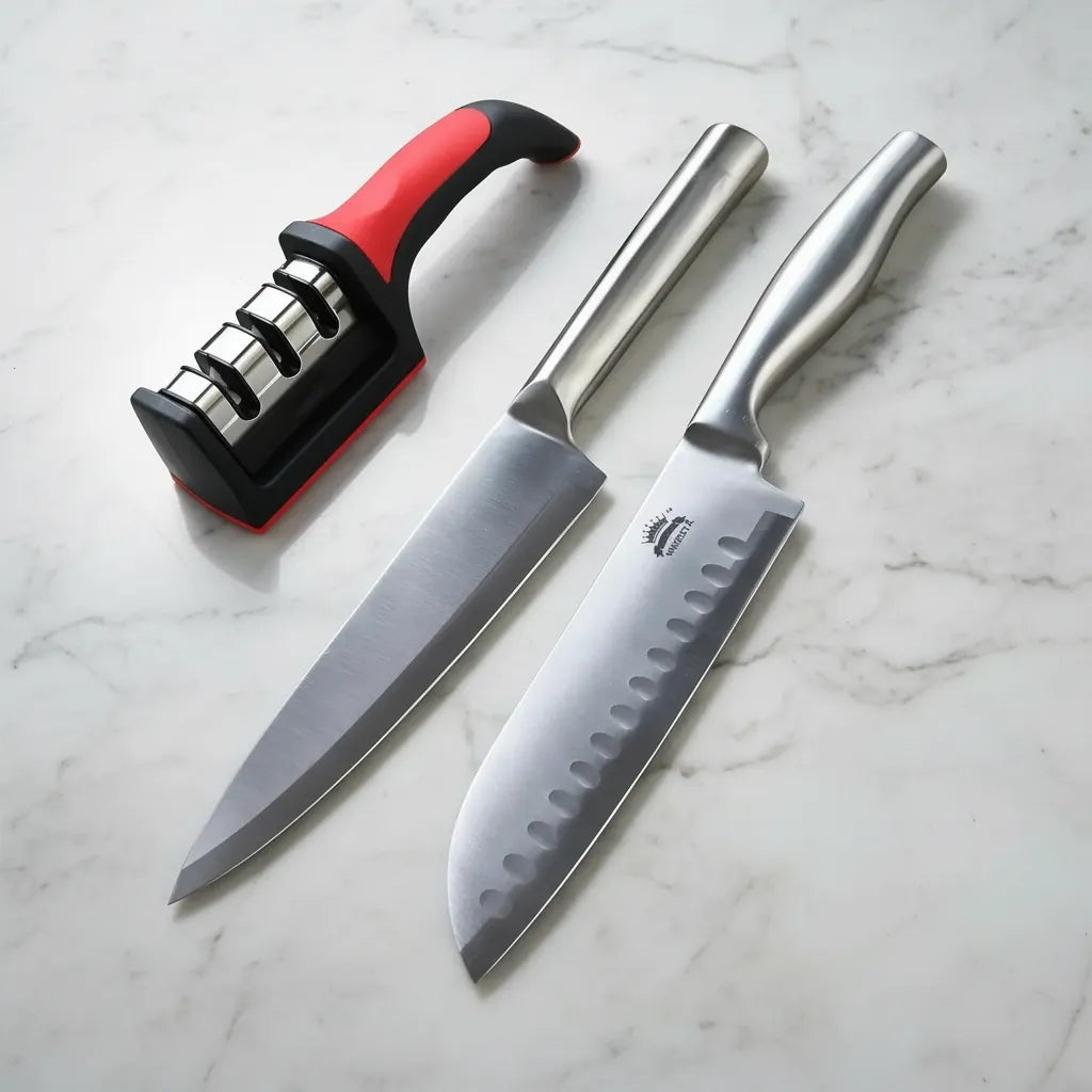 Set Cuchillos Cocina Chef Santoku Acero + Afilador Cuchillas