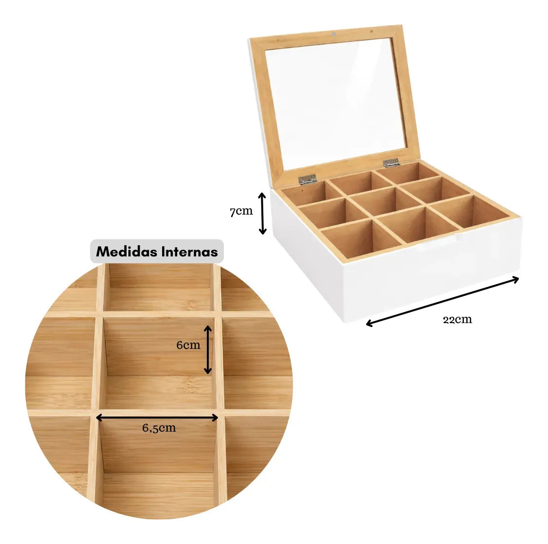 Caja Organizadora para Té de Bambú con 9 Divisiones y Tapa de Acrílico