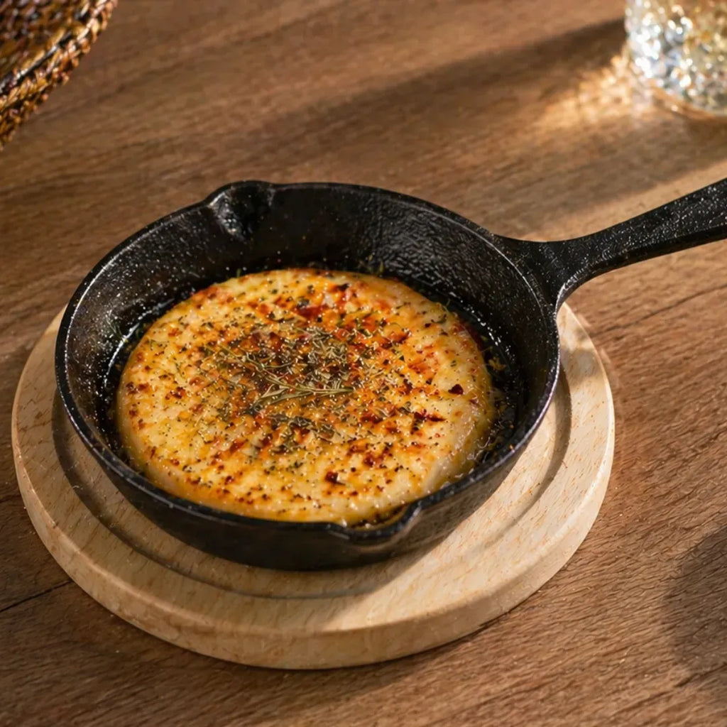 Provoletera de Hierro Fundido con Base de Madera Waffy, Antiadherente para Cocina y Parrilla