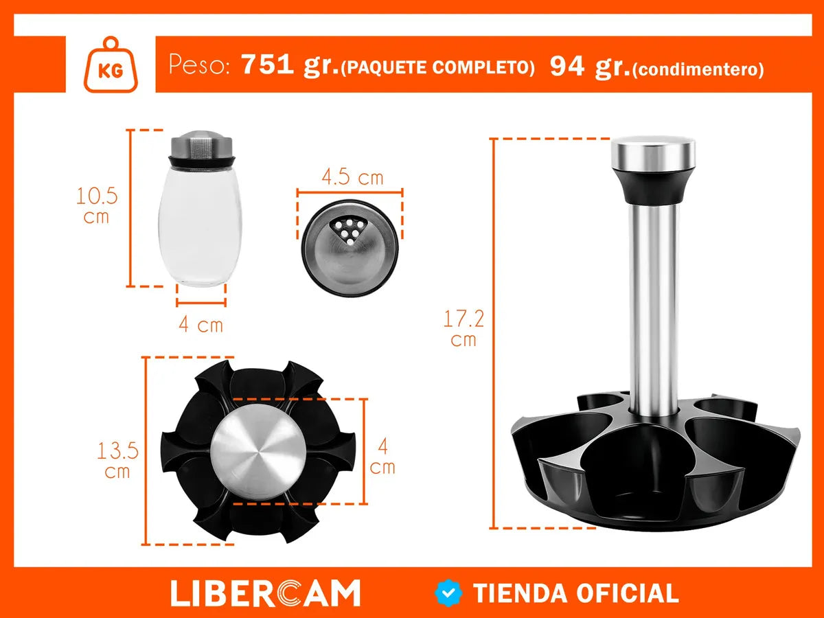 Set Condimentero Especiero Giratorio X6 Frascos Vidrio LIBERCAM COCI-10 Acero Color Negro