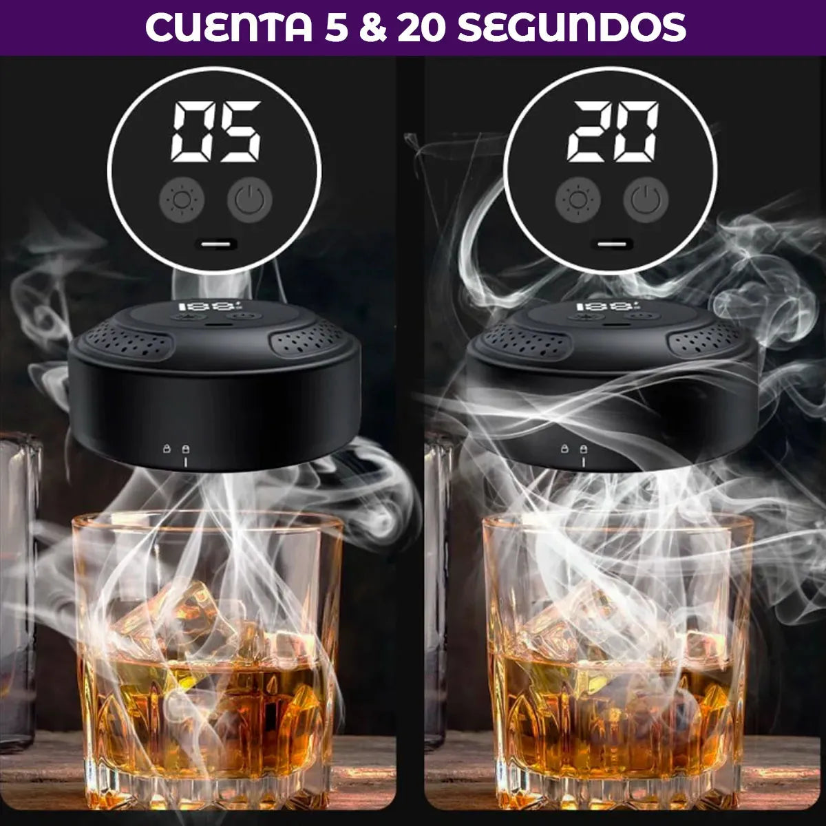 Ahumador Eléctrico Whisky 6 Gustos Madera Recargable Luz Led Negro