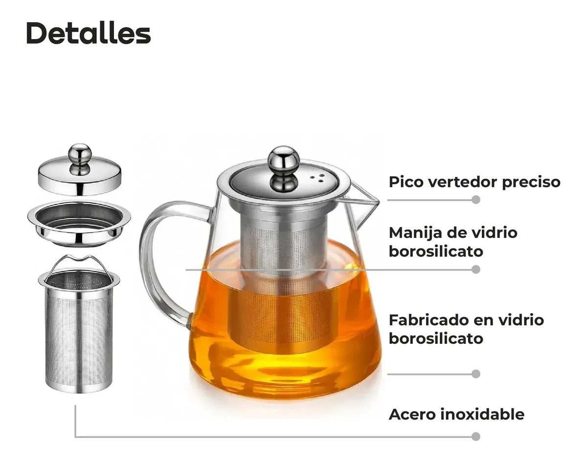 Tetera De Vidrio Termico Con Filtro Infusor Waggs Acero Inox 750ml