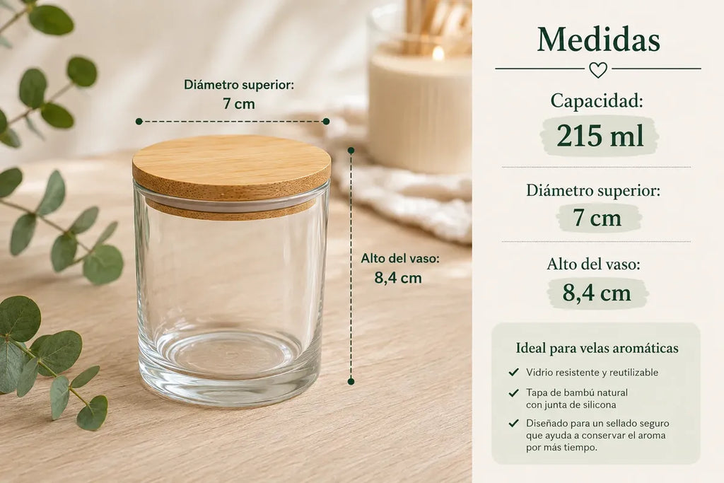 Vaso Portavelas Vidrio 8,4 Cm Tapa Bamboo Set X6 Cup Deco