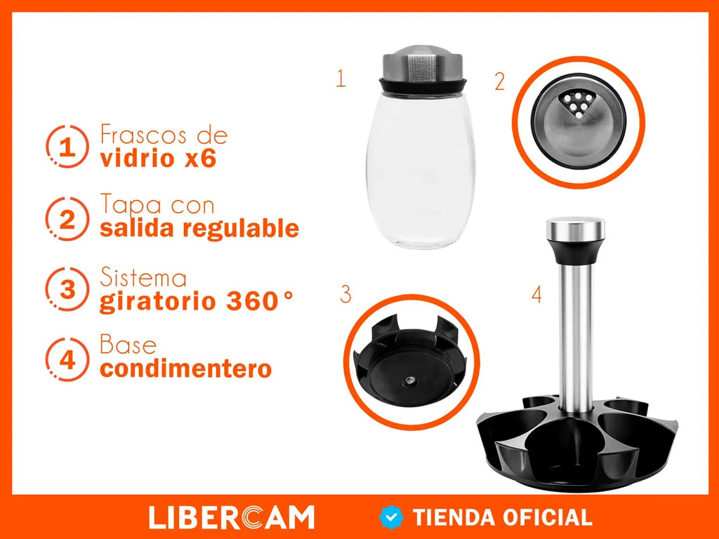 Set Condimentero Especiero Giratorio X6 Frascos Vidrio LIBERCAM COCI-10 Acero Color Negro