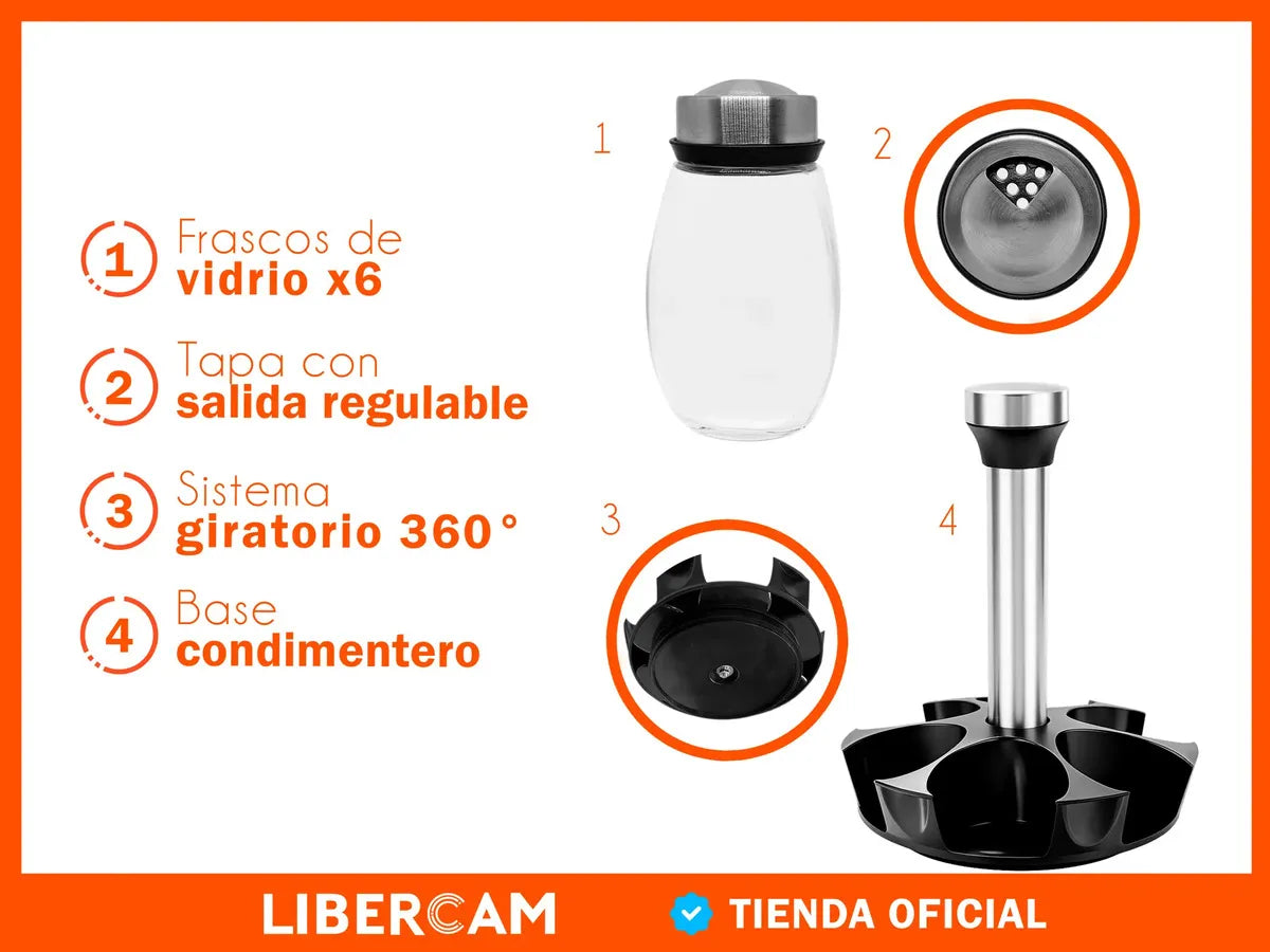 Set Condimentero Especiero Giratorio X6 Frascos Vidrio LIBERCAM COCI-10 Acero Color Negro