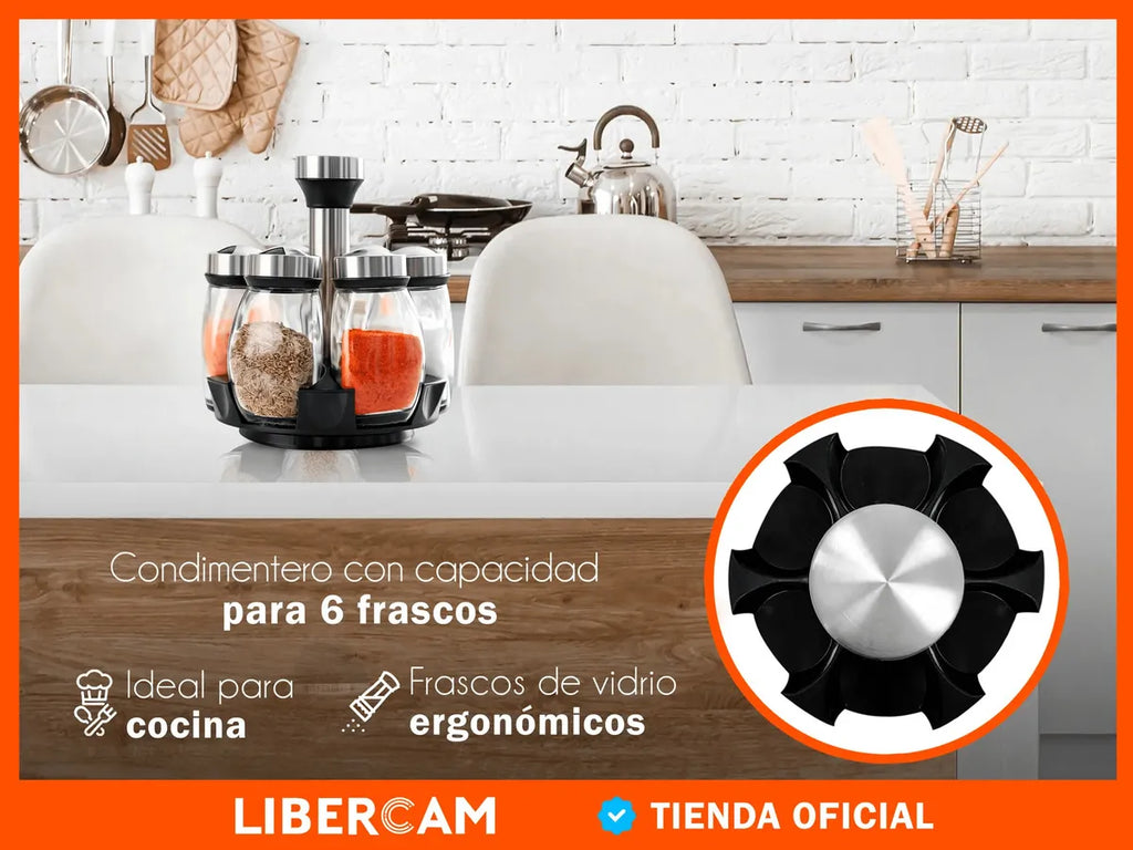 Set Condimentero Especiero Giratorio X6 Frascos Vidrio LIBERCAM COCI-10 Acero Color Negro