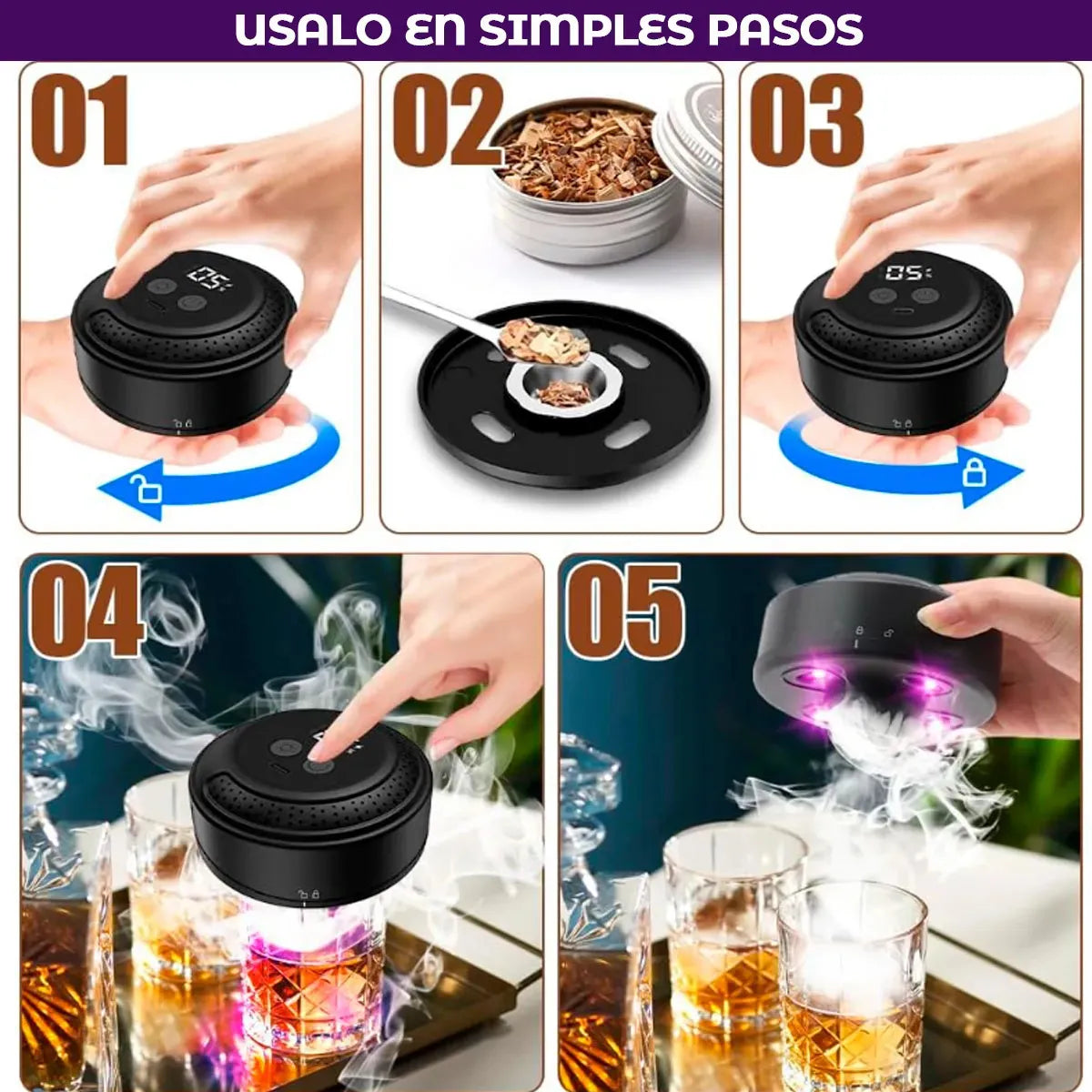 Ahumador Eléctrico Whisky 6 Gustos Madera Recargable Luz Led Negro