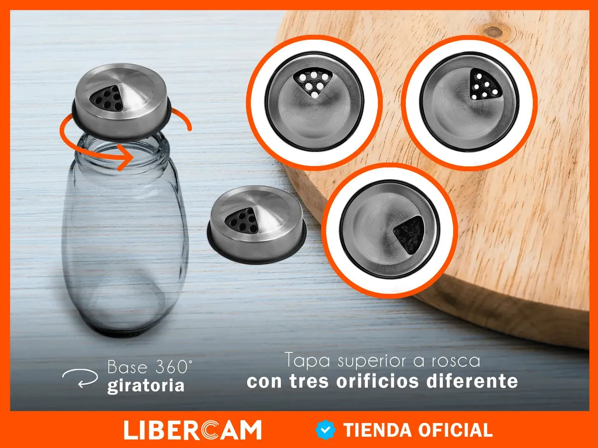 Set Condimentero Especiero Giratorio X6 Frascos Vidrio LIBERCAM COCI-10 Acero Color Negro