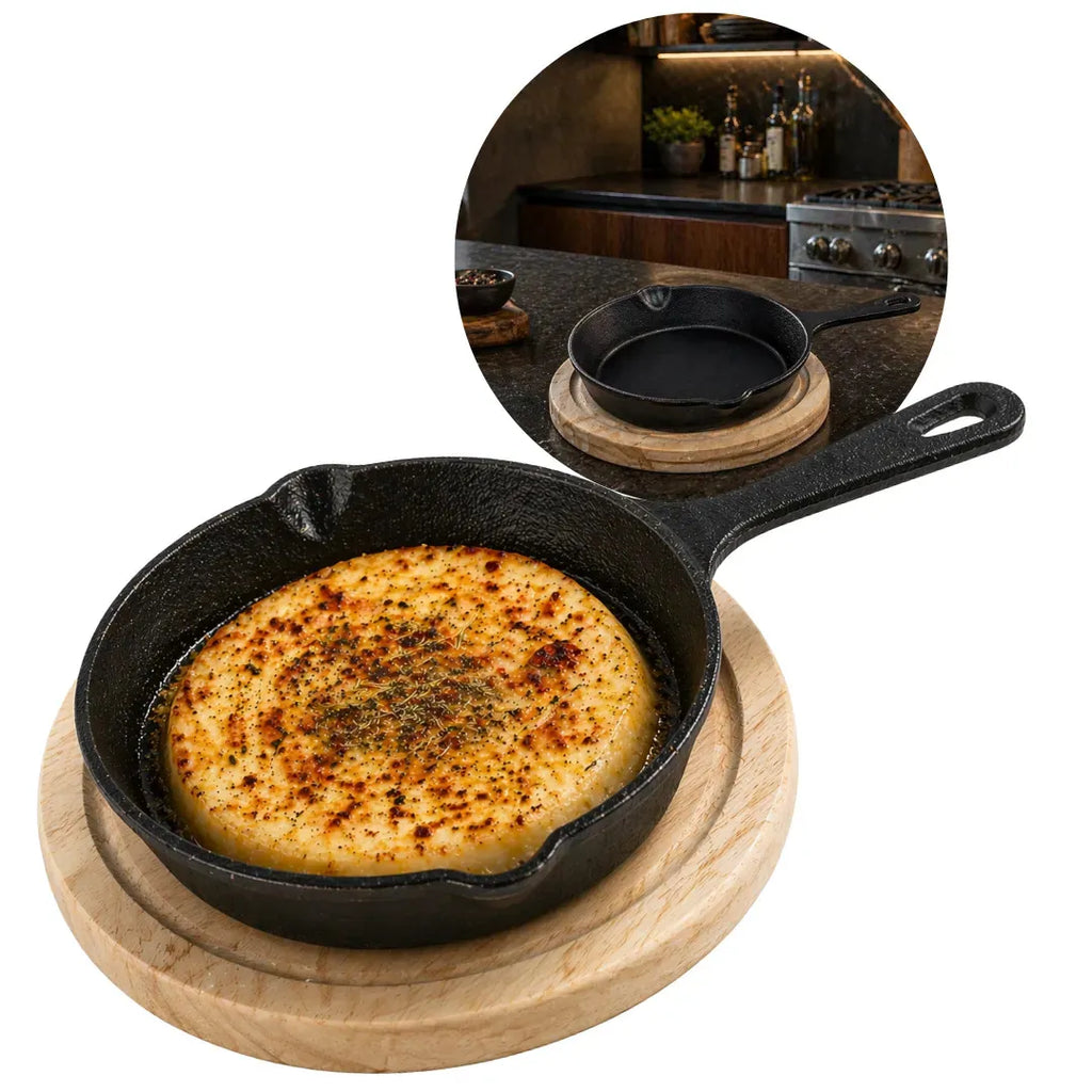 Provoletera de Hierro Fundido con Base de Madera Waffy, Antiadherente para Cocina y Parrilla