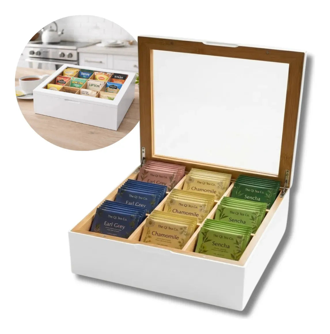Caja Organizadora para Té de Bambú con 9 Divisiones y Tapa de Acrílico