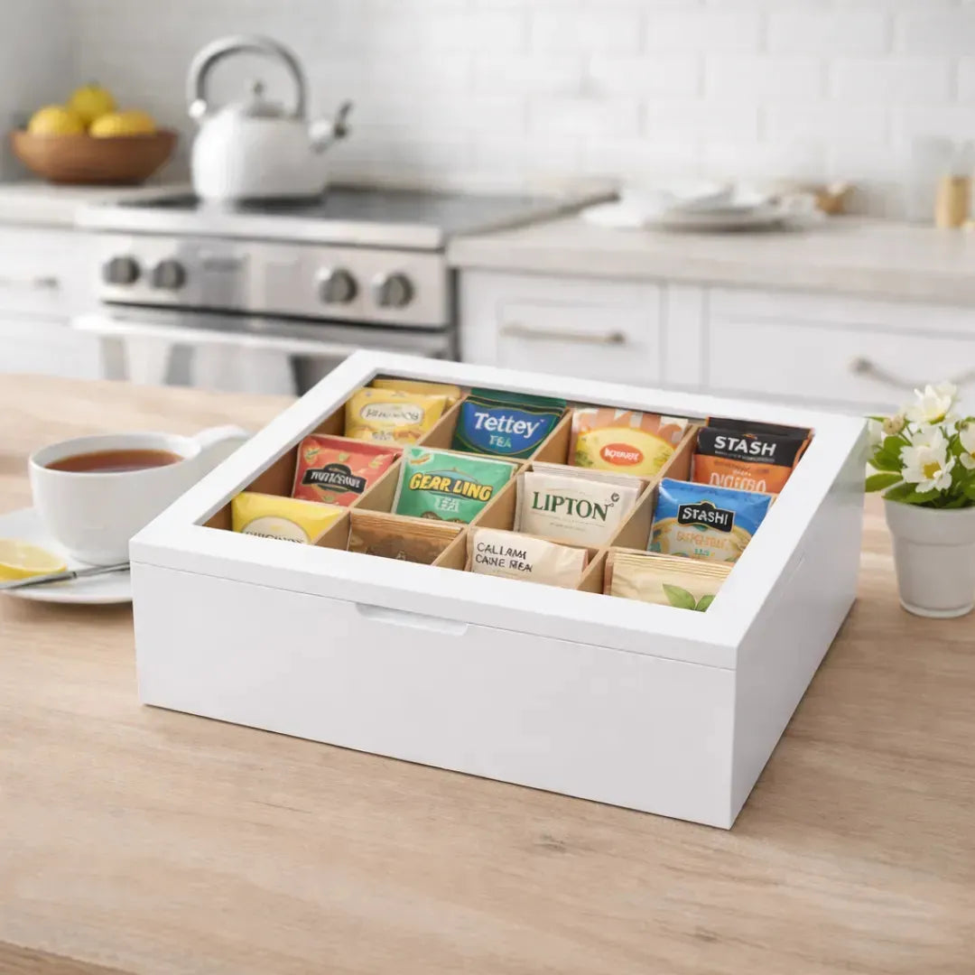 Caja Organizadora para Té de Bambú con 9 Divisiones y Tapa de Acrílico