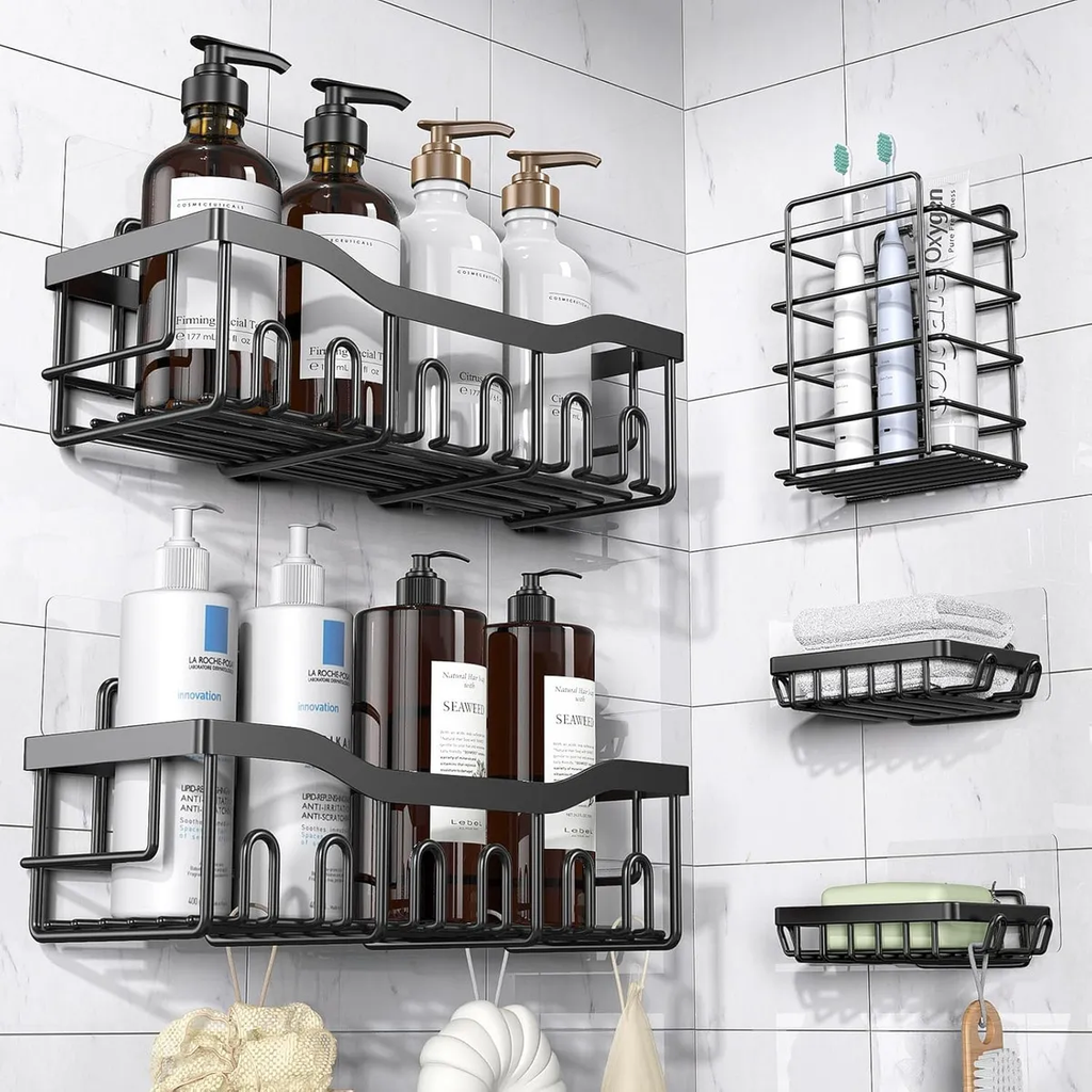 Set X5 Organizador Ducha Estante Bano Canasto Baño Adhesivo Negro