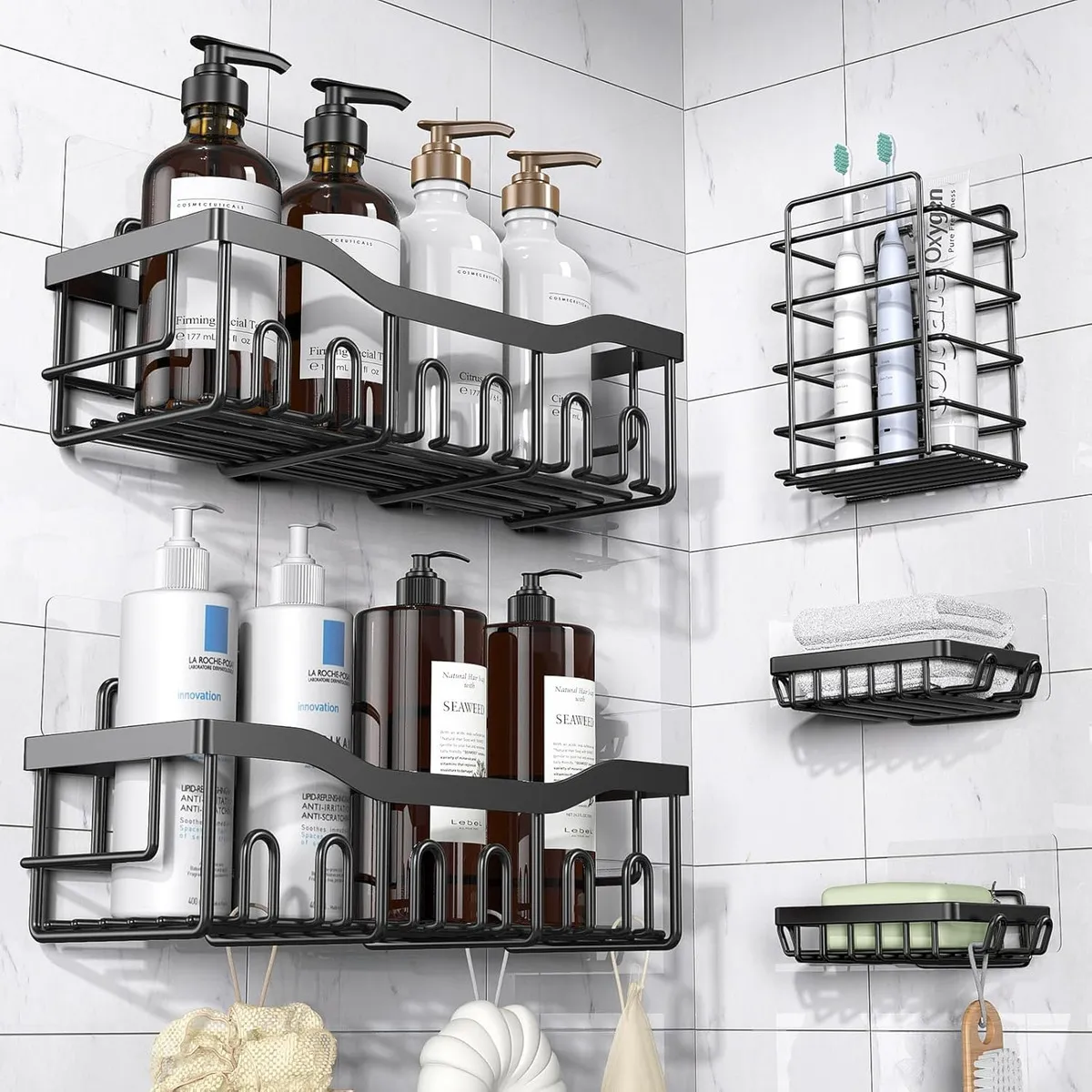 Set X5 Organizador Ducha Estante Bano Canasto Baño Adhesivo Negro