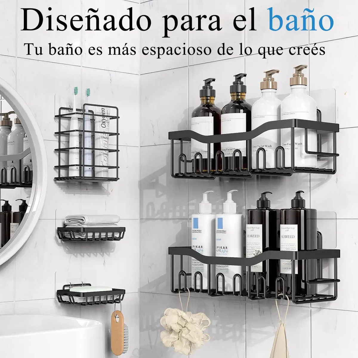 Set X5 Organizador Ducha Estante Bano Canasto Baño Adhesivo Negro