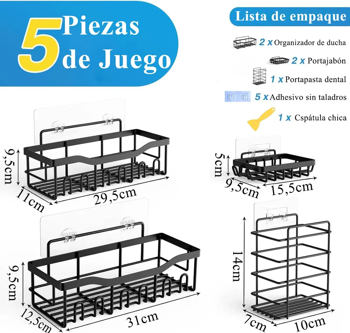 Set X5 Organizador Ducha Estante Bano Canasto Baño Adhesivo Negro