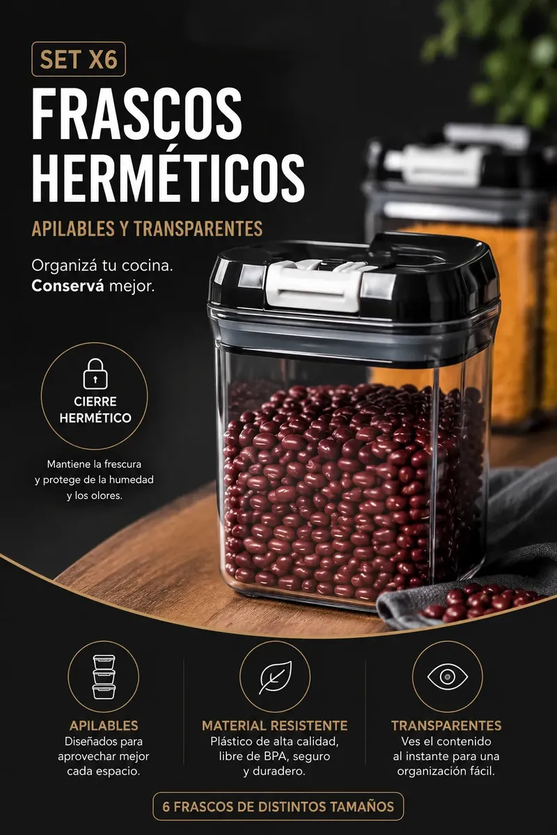 Set X6 Frascos Hermeticos Apilables Transparentes