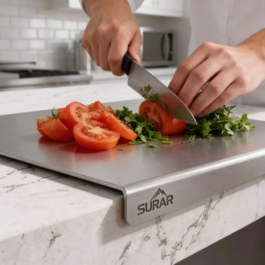 Tabla De Acero Inoxidable 50x35 Con Tope Para Cocina 1.2 Mm