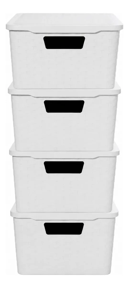 4 Canastos Cajón Organizador Plástico Símil Rattan Mediano Color Blanco