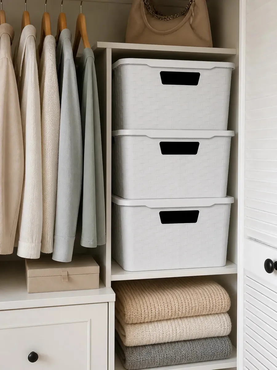 4 Canastos Cajón Organizador Plástico Símil Rattan Mediano Color Blanco