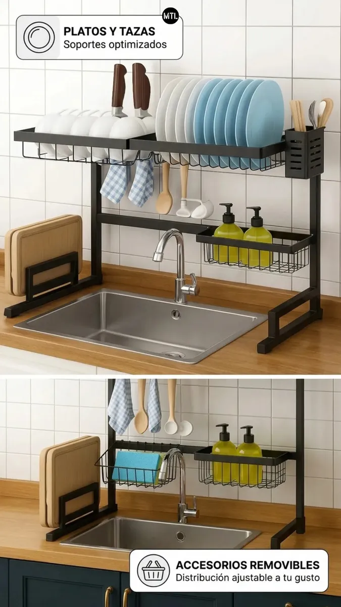 Escurridor Secaplatos Mtl De 65cm Color Negro Ideal Para Organizar Utensilios En La Cocina Hogar Y Bacha Diseño Moderno Y Duradero Facil De Montar Y
