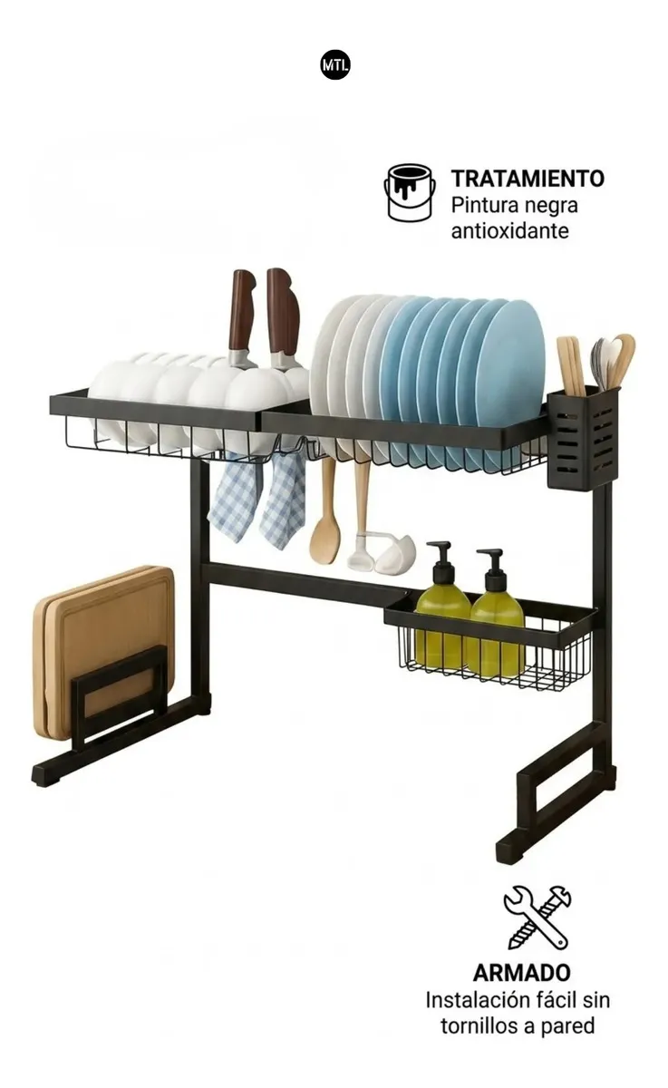 Escurridor Secaplatos Mtl De 65cm Color Negro Ideal Para Organizar Utensilios En La Cocina Hogar Y Bacha Diseño Moderno Y Duradero Facil De Montar Y