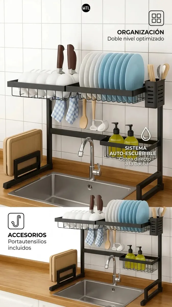 Escurridor Secaplatos Mtl De 65cm Color Negro Ideal Para Organizar Utensilios En La Cocina Hogar Y Bacha Diseño Moderno Y Duradero Facil De Montar Y
